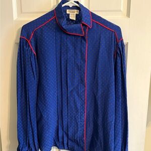 Vintage Blue Silk Blouse with Red Accents
